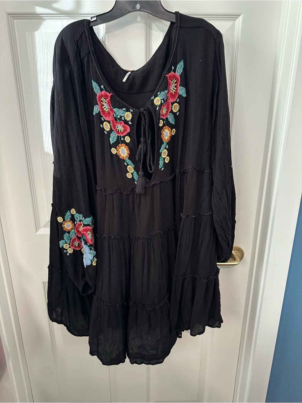 Free People Black Embroidered Boho Tunic with Floral Accents